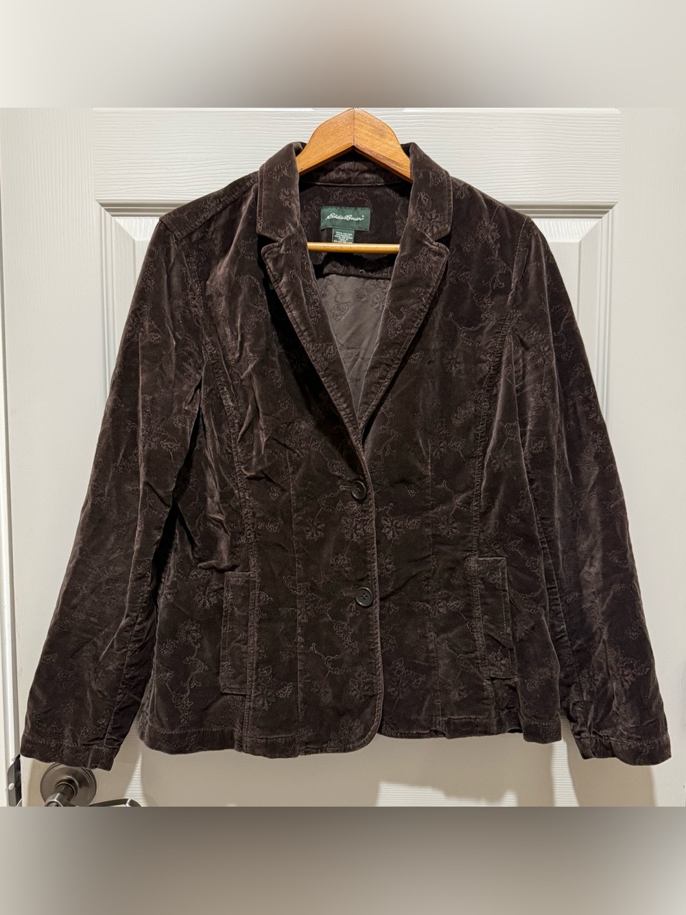 Eddie Bauer Blazer Womens 12 Brown Vintage Velvet Floral Embroidered Y2K